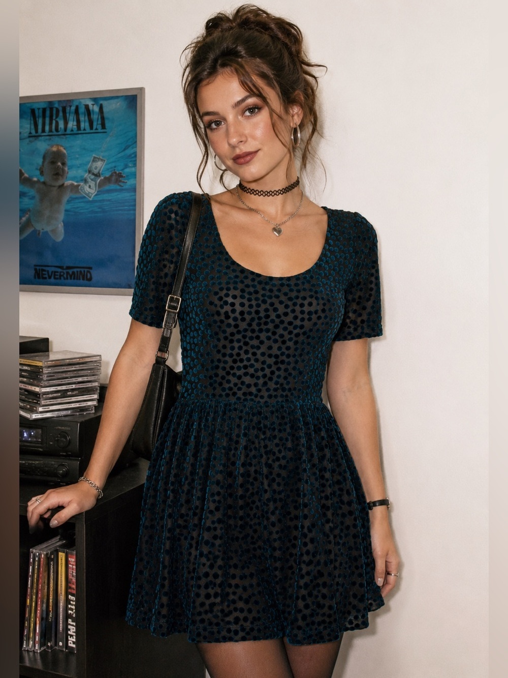 Teal Velvet Polka Dot Fit & Flare Dress | Retro Party Cottagecore S 90’s